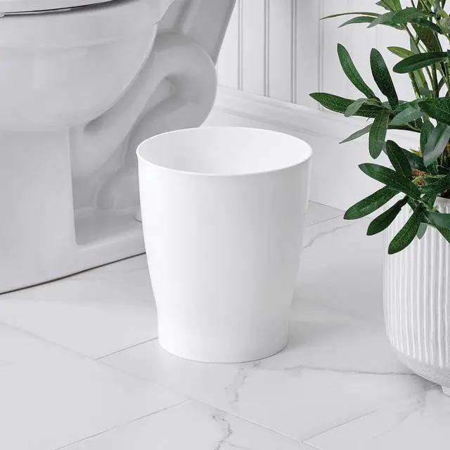 Alt view image 3 of 7 - Small Round Plastic Bathroom Trash Can, White
