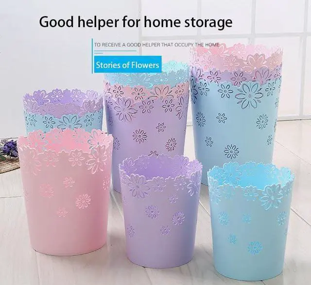 Alt view image 5 of 7 - Wastebasket, Hollow Flower Shape Plastic Lidless Wastepaper Baskets Trash Can (Purple, Mini)