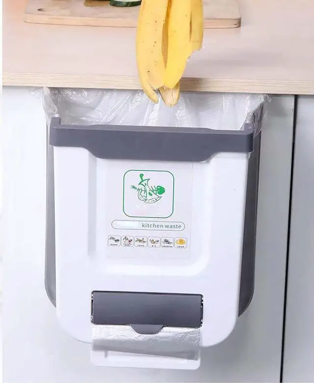 Main image of Hanging Kitchen Trash Can,2.6 Gallon Collapsible Waste Bin,Plastic Folding Hang Garbage Can for Cabinet Car Bedroom Bathroom Kitchen Office 11.3 * 10 * 6.9inch,White