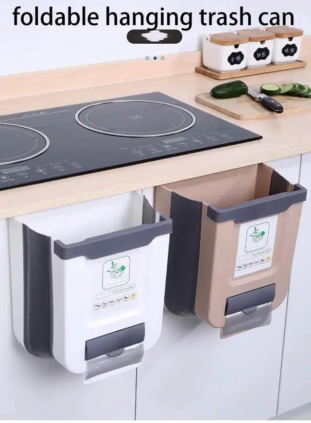 Alt view image 2 of 7 - Hanging Kitchen Trash Can,2.6 Gallon Collapsible Waste Bin,Plastic Folding Hang Garbage Can for Cabinet Car Bedroom Bathroom Kitchen Office 11.3 * 10 * 6.9inch,White