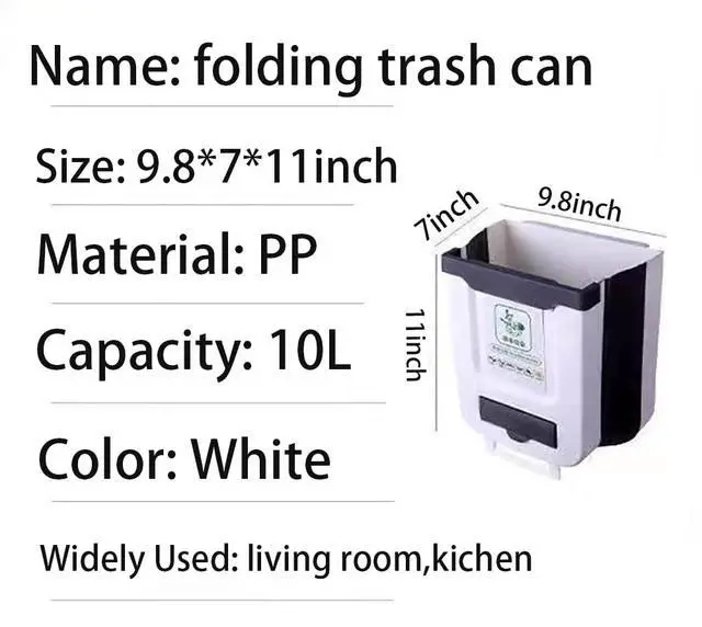 Alt view image 4 of 7 - Hanging Kitchen Trash Can,2.6 Gallon Collapsible Waste Bin,Plastic Folding Hang Garbage Can for Cabinet Car Bedroom Bathroom Kitchen Office 11.3 * 10 * 6.9inch,White