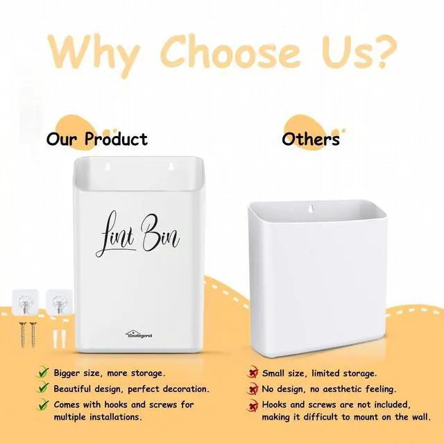 Alt view image 2 of 7 - Magnetic Lint Bin for Laundry Room Organization and Storage, Lint Trash Can for Laundry Room Decor, Wall Mounted Space-Saving, White