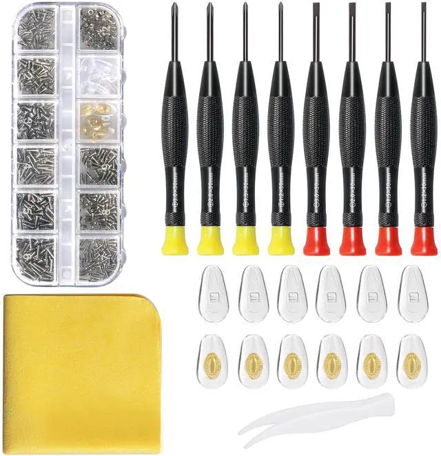 Main image of Eyeglass Repair Kit with Glasses Screws - Contains Precision Screwdriver kit and Nose Pads, Cleaning Cloth, Tweezers, Complete Glasses Repair Kit