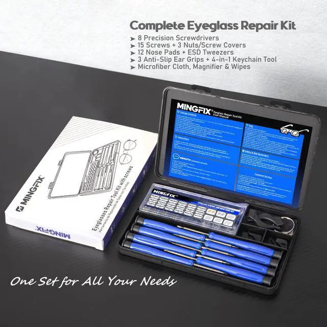 Alt view image 4 of 7 - Eye Glasses Repairing Kit, MINGFIX Magnetic Eyeglass Repair Tool Set with Multiple Size Screws,8 Precision Screwdrivers,Nose Pads,Ear Grips and Tweezer with Travel Case for Glasses,Sunglasses