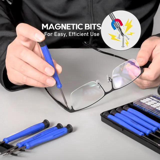 Alt view image 3 of 7 - Eye Glasses Repairing Kit, MINGFIX Magnetic Eyeglass Repair Tool Set with Multiple Size Screws,8 Precision Screwdrivers,Nose Pads,Ear Grips and Tweezer with Travel Case for Glasses,Sunglasses