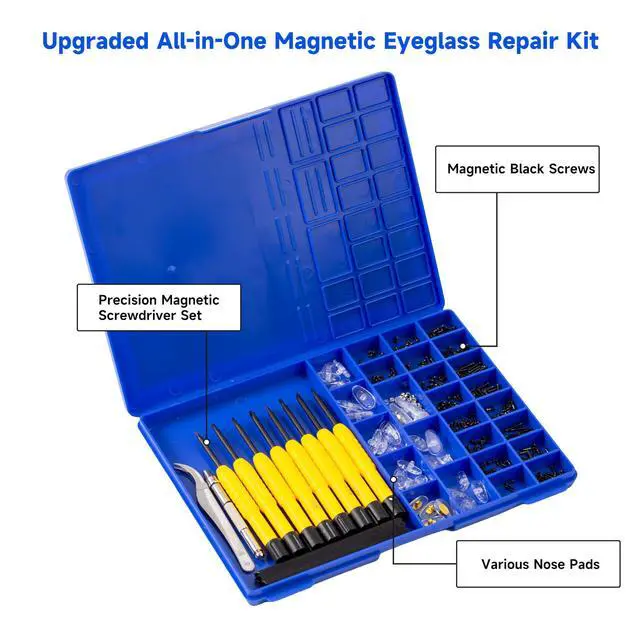 Alt view image 2 of 7 - Upgrade Version All-in-One Magnetic Glasses Repair Kit with Black Screw, Eyeglass Repair Tools Kit with Precision Screwdriver Sets, Nose Pads, Tweezer