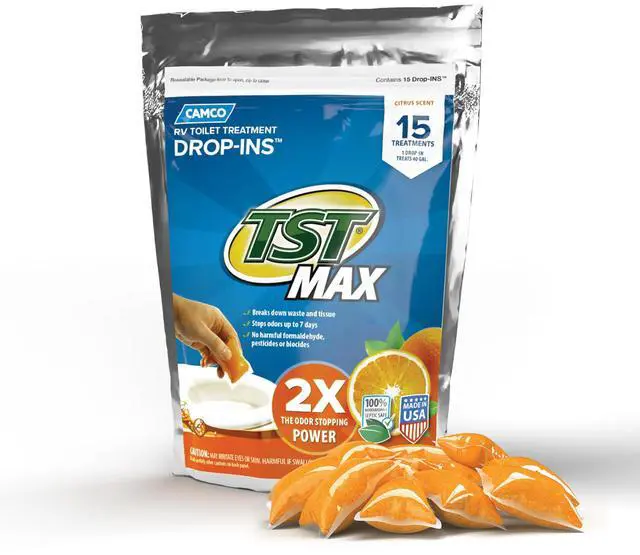 Main image of TST MAX RV Toilet Treatment Drop-INs - Control Unwanted Odors and Break Down Waste and Tissue - Safe Septic Tank Treatment - Orange Scent - 15-Pack (41189)