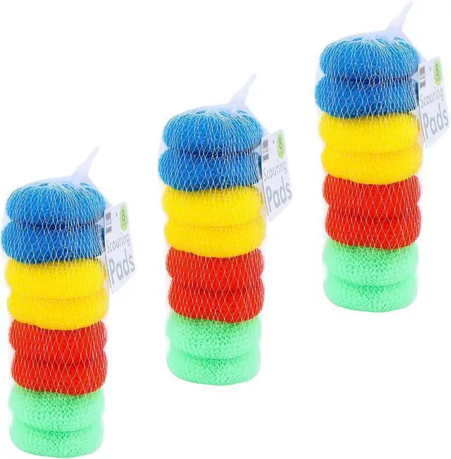 Alt view image 2 of 7 - 16-Pack Non-Scratch Nylon Scouring Pads Durable Round Kitchen Scrubbers in 4 Colors Safe for Non-Stick Cookware 2.5" Diameter Multi-Surface Cleaning Pads for Home, Kosher & Commercial Use