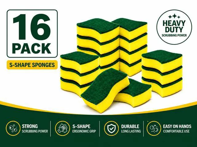 Alt view image 4 of 7 - Heavy Duty Kitchen Sponges, 16 Pack Dual-Sided Non-Scratch Scrubber for Dishes, Pots, Pans, Sink, Stovetop & Household Cleaning