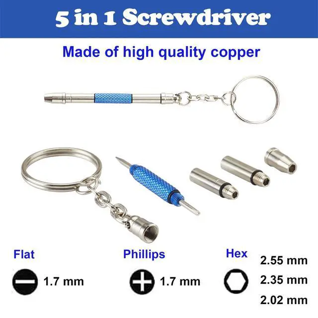 Alt view image 2 of 7 - Glasses Repair Kit with Precision 5 in 1 Mini Screwdrivers Set Keychain for Eyeglasses, Sunglasses, Jewelry, Watch, Electronics, Toy, Eye glass Repairing Kit, Hex, Phillips, Flat Head (2pcs Blue)