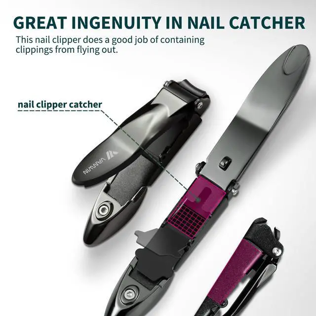 Alt view image 2 of 7 - Nail Clippers with Catcher, No Splash Fingernail Toenail Clippers with Sharp Curved Blade and Glass Nail File, Wide Jaw Opening Stainless Steel Nail Cutter Trimmer for Seniors Adult Men Women