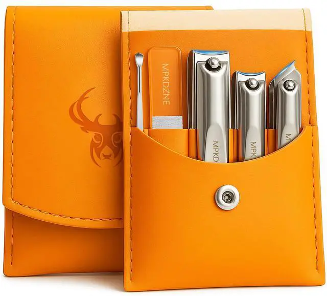 Main image of Pro 5-in-1 Nail Clippers Set for Men & Women. Ultra Sharp Stainless Steel Manicure Kit w/Angled Trimmer in Luxury Leather Case. Travel & Home Use