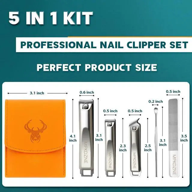 Alt view image 3 of 7 - Pro 5-in-1 Nail Clippers Set for Men & Women. Ultra Sharp Stainless Steel Manicure Kit w/Angled Trimmer in Luxury Leather Case. Travel & Home Use