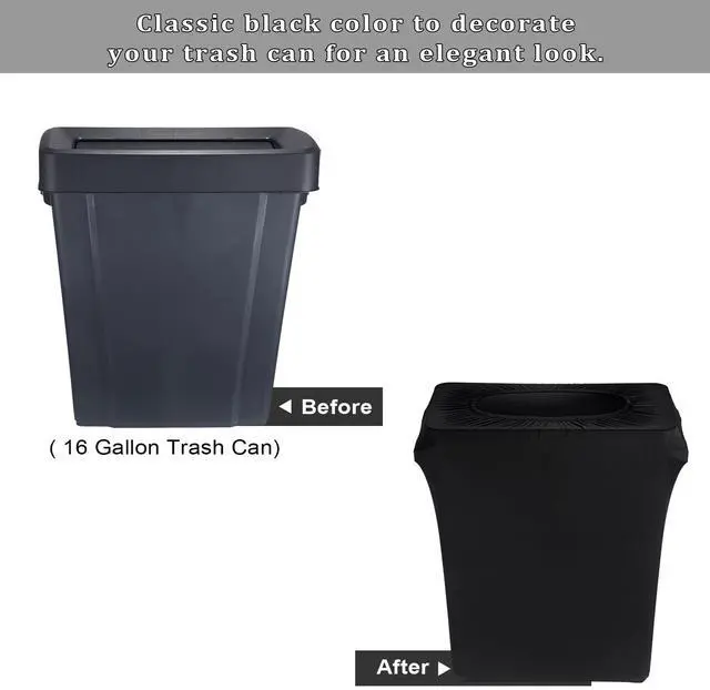 Alt view image 5 of 7 - 16 Gallon Stretch Spandex Trash Can Cover, 2 Pack Outdoor Fitted Waste Container Cover Rectangular Garbage Can Covers for Kitchen Wedding Party Office Decor, Without Trash Can (Black)