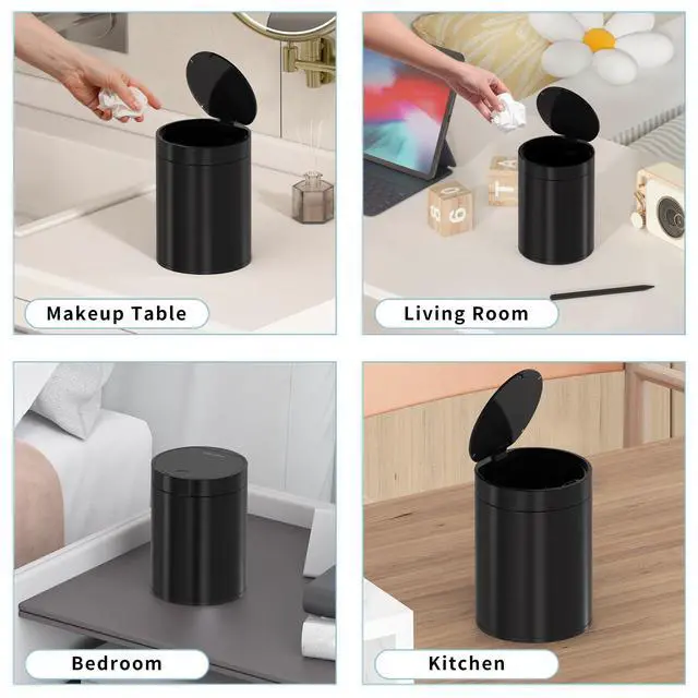 Alt view image 5 of 6 - Mini Trash Can for Desk with Pop Up Lid,1.5L Countertop Trash Can for Makeup Table, 0.4 Gal Stainless Steel Desk Trash can with LidSmall Desktop Trash Can Bin with 1 Roll Bags for Bathroom,Office