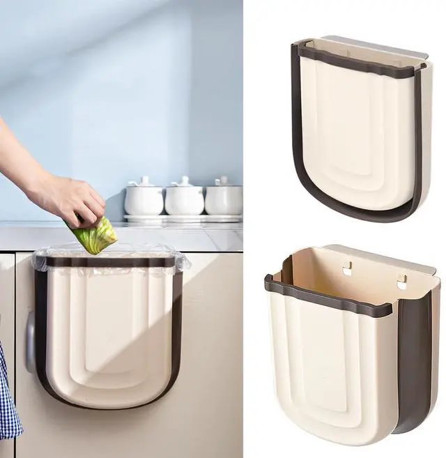 Main image of Kitchen Hanging Trash Can, 2.4 Gallon / 9L Collapsible Waste Bin, Small Kitchen Compost Bin for Food Scraps, Wall Mounted Garbage Can for Bathroom, Car, RV(Khaki)