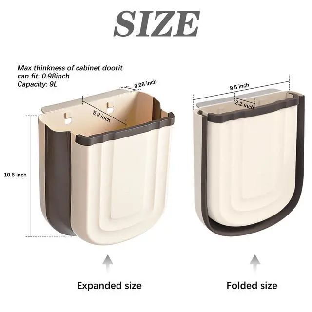 Alt view image 2 of 7 - Kitchen Hanging Trash Can, 2.4 Gallon / 9L Collapsible Waste Bin, Small Kitchen Compost Bin for Food Scraps, Wall Mounted Garbage Can for Bathroom, Car, RV(Khaki)