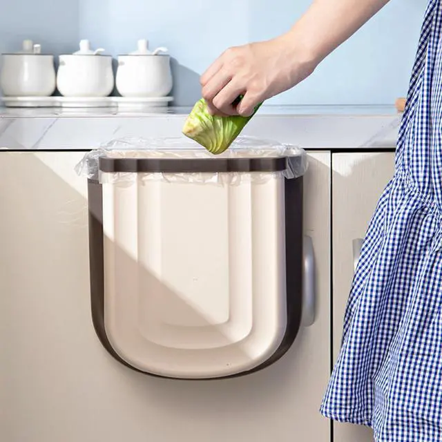 Alt view image 4 of 7 - Kitchen Hanging Trash Can, 2.4 Gallon / 9L Collapsible Waste Bin, Small Kitchen Compost Bin for Food Scraps, Wall Mounted Garbage Can for Bathroom, Car, RV(Khaki)
