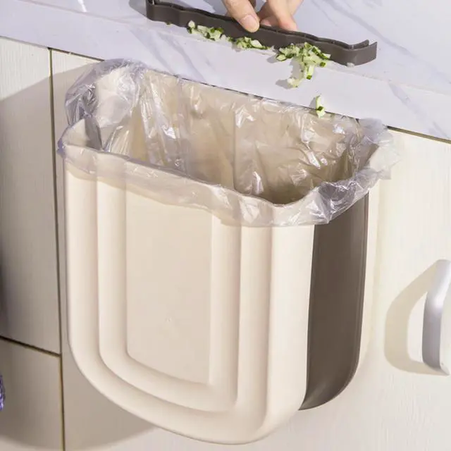 Alt view image 3 of 7 - Kitchen Hanging Trash Can, 2.4 Gallon / 9L Collapsible Waste Bin, Small Kitchen Compost Bin for Food Scraps, Wall Mounted Garbage Can for Bathroom, Car, RV(Khaki)