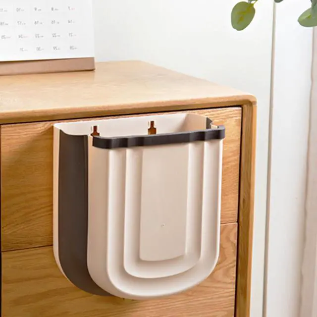 Alt view image 7 of 7 - Kitchen Hanging Trash Can, 2.4 Gallon / 9L Collapsible Waste Bin, Small Kitchen Compost Bin for Food Scraps, Wall Mounted Garbage Can for Bathroom, Car, RV(Khaki)