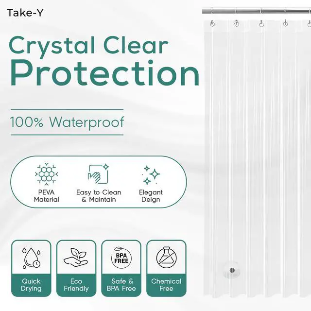 Alt view image 3 of 7 - Clear Shower Curtain Liner, Premium PEVA, 72"x72", 100% Waterproof with Rustproof Grommets, Weighted, Quick Dry, Modern Style, 12 Hooks Included, Lightweight Standard Size,Odorless Plastic, Luxury