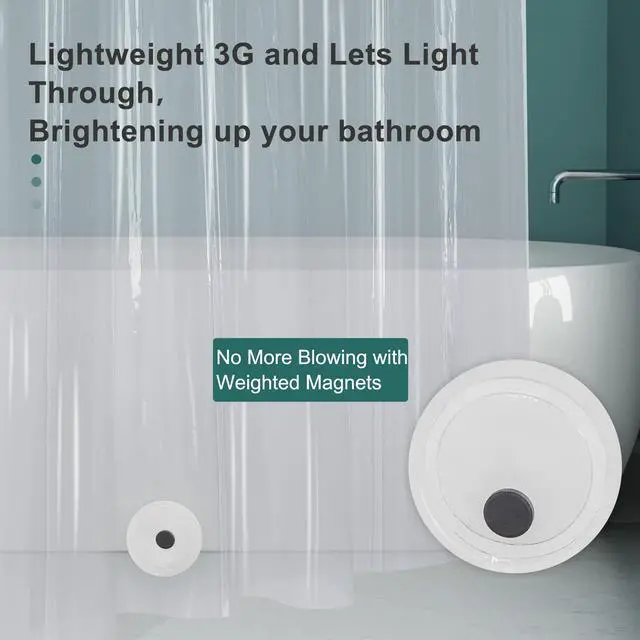 Alt view image 5 of 7 - Clear Shower Curtain Liner, Plastic Shower Curtain Liner, Lightweight Shower Liner PEVA, Waterproof Bathroom Shower Curtains with 3 Magnets and 12 Rustproof Grommets, 72x72 Inches