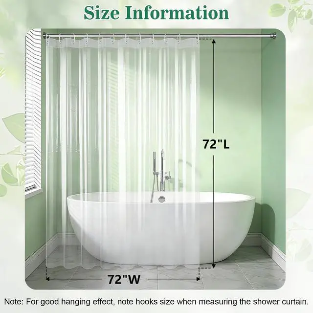 Alt view image 2 of 6 - Clear Shower Curtain Liner 72x72 Waterproof Plastic Shower Curtains for Bathroom, Bathtub, Odorless PEVA Bathroom Curtain with 12 Plastic Hooks and 3 Magnets