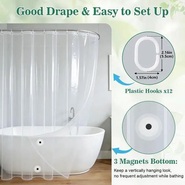 Alt view image 4 of 6 - Clear Shower Curtain Liner 72x72 Waterproof Plastic Shower Curtains for Bathroom, Bathtub, Odorless PEVA Bathroom Curtain with 12 Plastic Hooks and 3 Magnets
