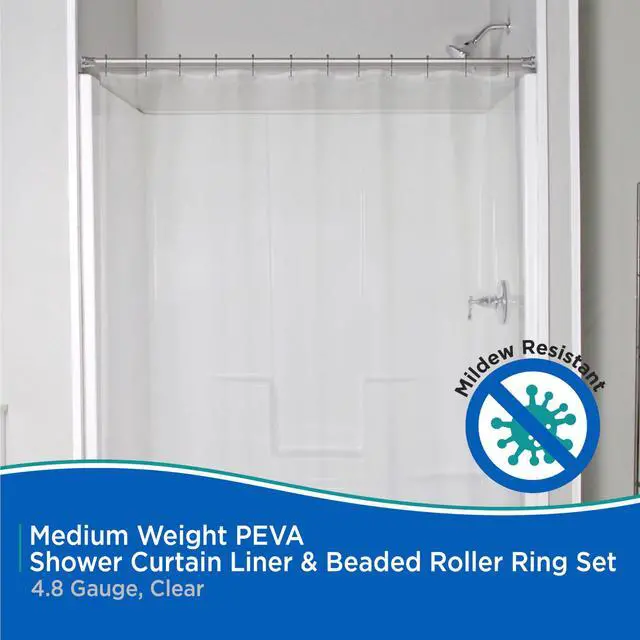 Alt view image 2 of 7 - KN61708 Medium Weight 5 Gauge Waterproof PEVA Shower Curtain Liner with Durable Eyelet Hang Holes, Weighted Magnetic Hem, and 12 Piece Beaded Roller Ring Set for Bathroom, 70" W x 72" H, Clear