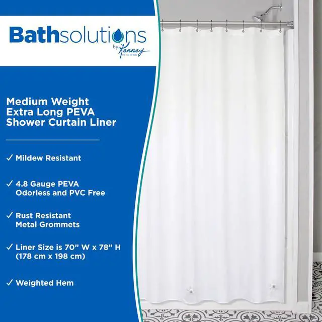 Alt view image 2 of 7 - KN61469 Medium Weight 5 Gauge Extra Long Waterproof PEVA Shower Curtain Liner with Rust-Resistant Metal Grommets and Weighted Magnetic Hem for Bathroom, 70" W x 78" H, White