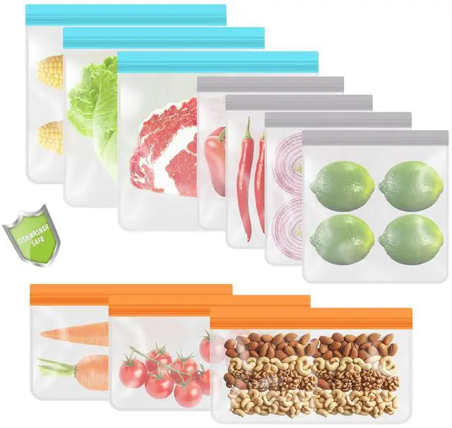 Main image of 10 Pack Leakproof Reusable Freezer Bags, BPA Free Food Storage Bags, Salad Fruit, Vegetables, Traval, Home Organization Dishwasher Safe - 3 Gallon 3 Snack 4 Sandwich Bags