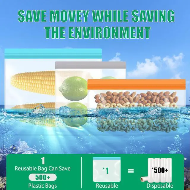 Alt view image 5 of 7 - 10 Pack Leakproof Reusable Freezer Bags, BPA Free Food Storage Bags, Salad Fruit, Vegetables, Traval, Home Organization Dishwasher Safe - 3 Gallon 3 Snack 4 Sandwich Bags