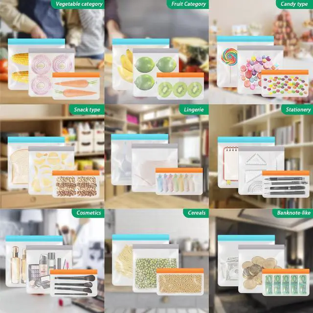 Alt view image 7 of 7 - 10 Pack Leakproof Reusable Freezer Bags, BPA Free Food Storage Bags, Salad Fruit, Vegetables, Traval, Home Organization Dishwasher Safe - 3 Gallon 3 Snack 4 Sandwich Bags