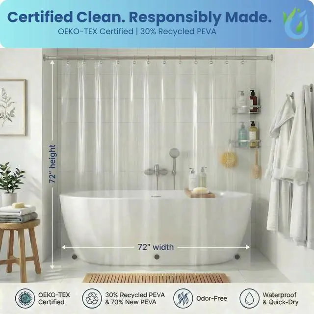Alt view image 2 of 7 - ® Premium Clear Shower Curtain Liner 72x72 Waterproof, Quick Dry, Odor Free, Eco Friendly, Non-Toxic with 3 Weighted Magnets & 12 Rustproof Grommets Bathroom Accessories