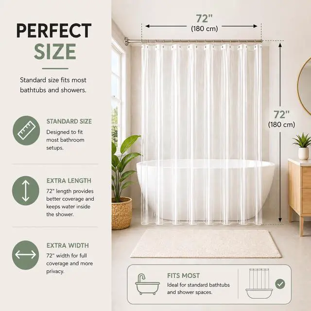 Alt view image 2 of 7 - -Clear Shower Curtain - 72x72 Odorless Plastic with Magnets, Washable Long Bathroom Curtain - Premium PEVA Waterproof Bath Curtain, Rust-Proof Bathroom Essentials