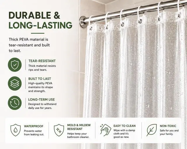 Alt view image 7 of 7 - -Clear Shower Curtain - 72x72 Odorless Plastic with Magnets, Washable Long Bathroom Curtain - Premium PEVA Waterproof Bath Curtain, Rust-Proof Bathroom Essentials