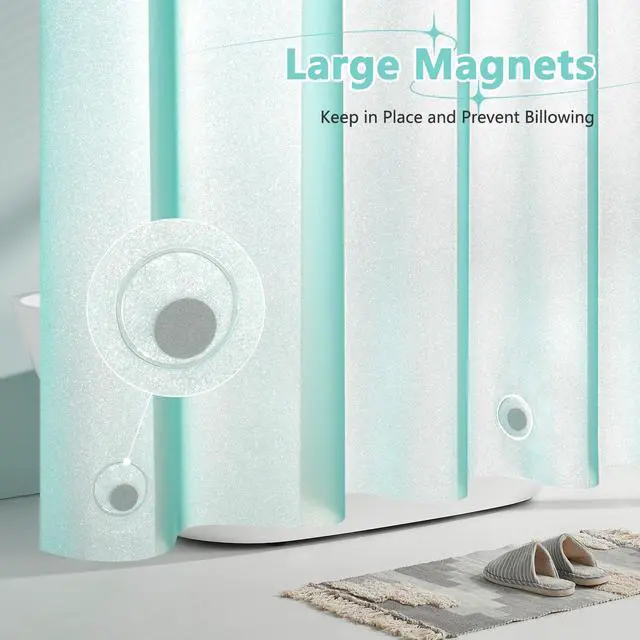 Alt view image 4 of 7 - Waterproof Plastic Glitter Shower Curtain Teal, Sparkle PEVA Shower Curtain Liner with 3 Large Magnets, 72 x 72 inch Aqua Green Cute Bathroom Shimmer Shower Curtain Lightweight