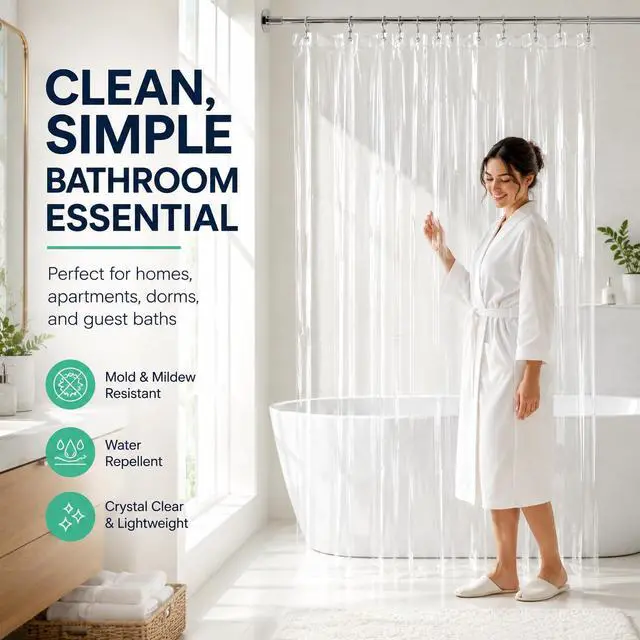 Alt view image 6 of 6 - Fomaily Shower Curtain Liner - Water Resistant - PEVA - Non-Toxic - Eco-Friendly - No Chemical Odor - Rust Proof Grommets 72x72