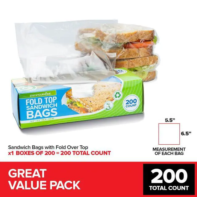 Alt view image 2 of 7 - 200 Count Clear Fold Top Sandwich Bags, Bulk Disposable Plastic Bags with Fold Over Closure for Restaurants, Caterers, and Home Food Storage