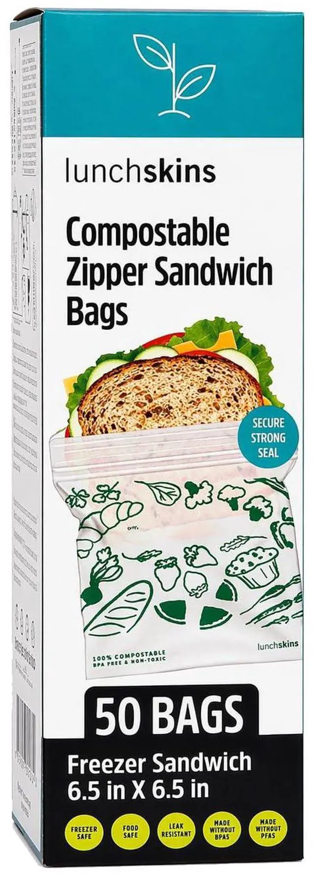 Main image of Ziptop BPI Certified Compostable & Resealable Freezer-Safe Food Storage Bags, Sandwich Size, 50 Bags - Eco-Friendly, Made Without PFAS and BPA