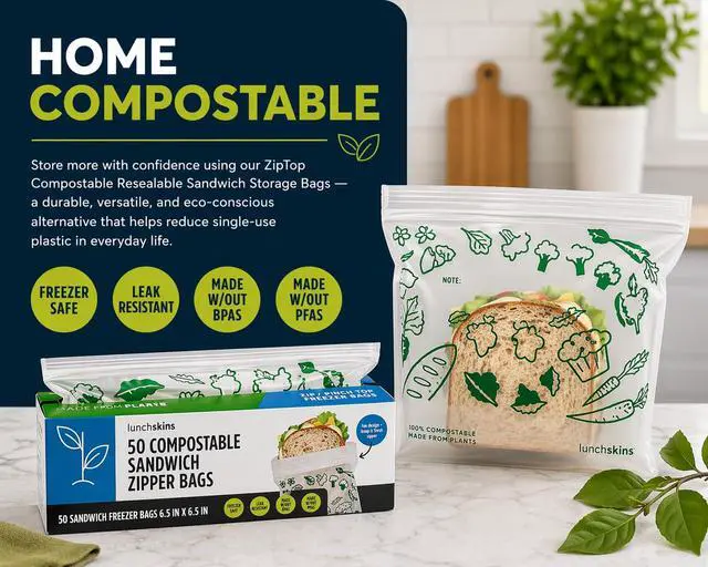 Alt view image 2 of 4 - Ziptop BPI Certified Compostable & Resealable Freezer-Safe Food Storage Bags, Sandwich Size, 50 Bags - Eco-Friendly, Made Without PFAS and BPA