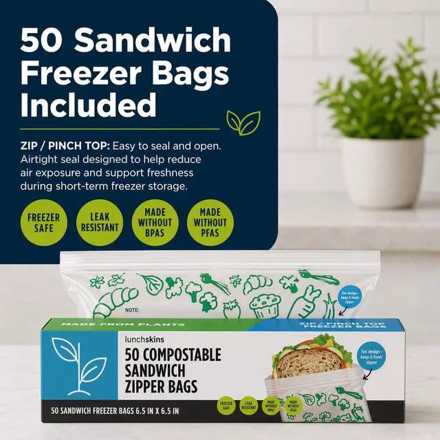 Alt view image 4 of 4 - Ziptop BPI Certified Compostable & Resealable Freezer-Safe Food Storage Bags, Sandwich Size, 50 Bags - Eco-Friendly, Made Without PFAS and BPA