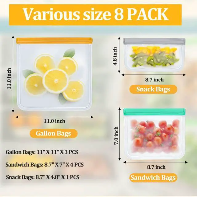 Alt view image 7 of 7 - Reusable Freezer Bags Food Storage Bags for Meal Prep Containers, BPA Free Food Storage Bags, Leakproof Reusable Food Bags Dishwasher Safe for Salad Fruit, Vegetables, 3 Gallon 4 Sandwich 1 Snack