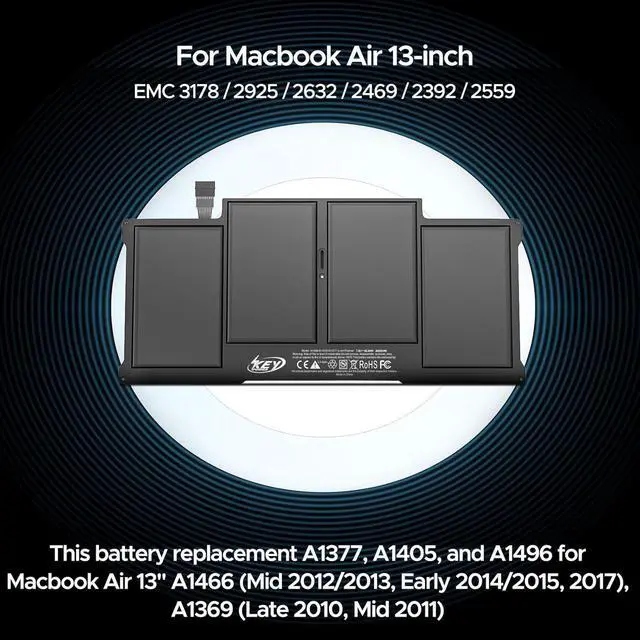 Alt view image 2 of 6 - Key Power A1466 Battery, 13 inch MacBook Air Battery Replacement for A1466 (Mid 2012/2013, Early 2014/2015, 2017), A1369 (Late 2010, Mid 2011), Compatible Laptop Models A1496 A1377 A1405