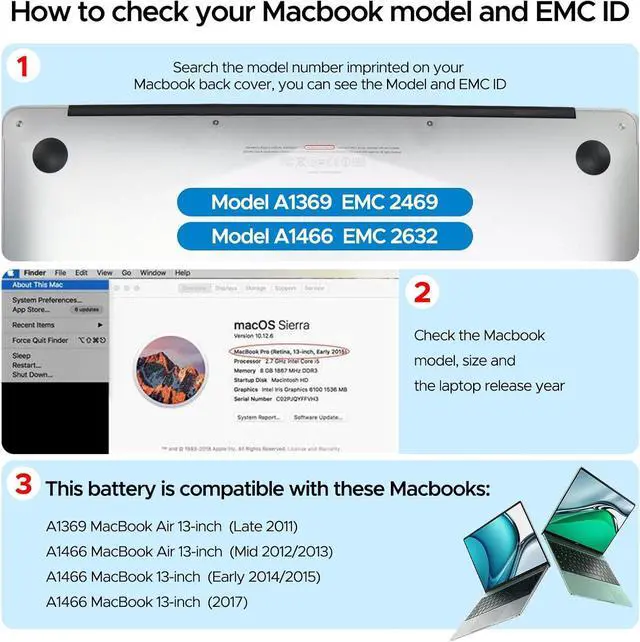 Alt view image 3 of 6 - Key Power A1466 Battery, 13 inch MacBook Air Battery Replacement for A1466 (Mid 2012/2013, Early 2014/2015, 2017), A1369 (Late 2010, Mid 2011), Compatible Laptop Models A1496 A1377 A1405