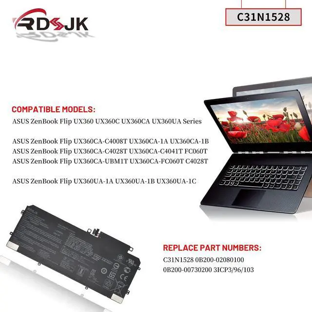 Alt view image 3 of 7 - C31N1528 Laptop Battery for Asus ZenBook Flip UX360 UX360C UX360CA UX360UA UX360CA-C4008T C4028T C4041T FC060T UBM1T UX360UA-1A 1B 1C Series 3ICP3/96/103 0B200-02080100 0B200-00730200 11.55V 54Wh