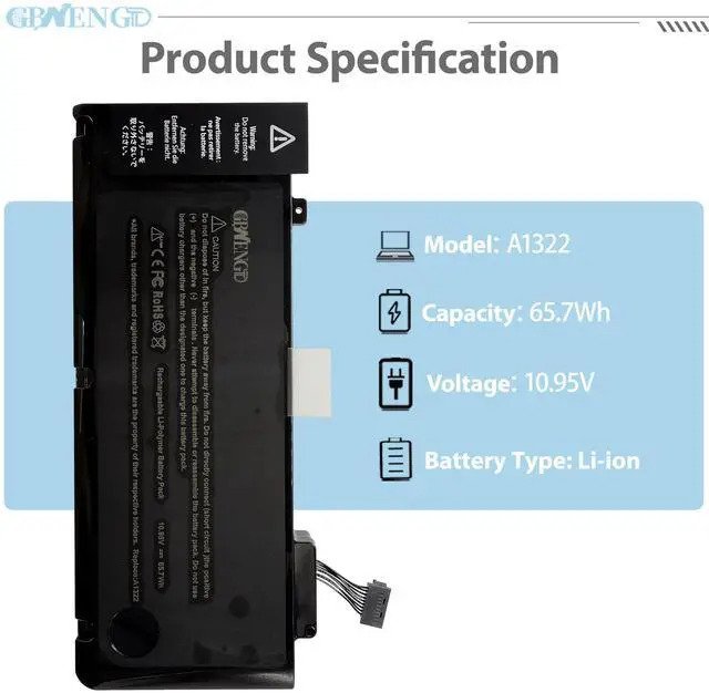 Alt view image 2 of 6 - A1322 Laptop Battery Replacement for A1278 MacBook Pro 13 inch Mid 2009 2010 2012 Early 2011 Late 2011 Version 661-5229 661-5557 020-6547-A 020-6765-A 6-Cell