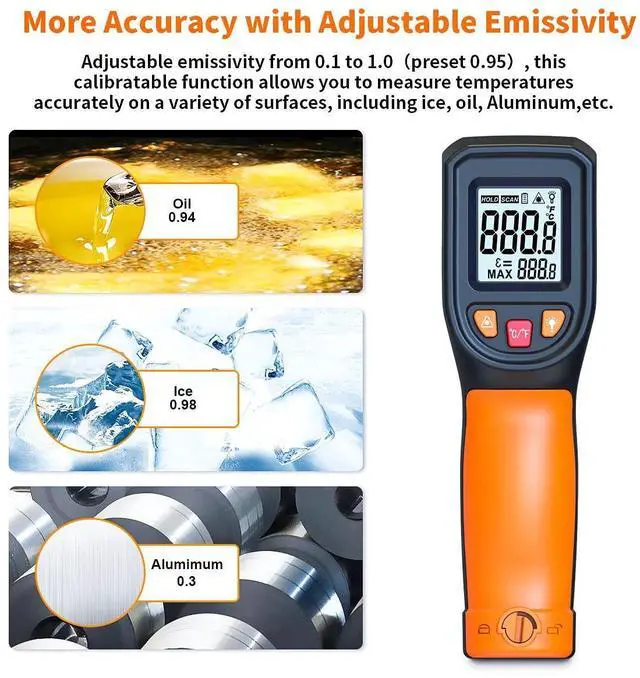 Alt view image 10 of 14 - Upgraded Digital Infrared Thermometer Gun -58°F~1112°F, Handheld Non Contact Heat Laser Temperature Gun, IR Thermometer Temp Gun with Adjustable Emissivity for Cooking/BBQ/Fridge/Engine(Not for Human)