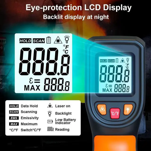 Alt view image 11 of 14 - Upgraded Digital Infrared Thermometer Gun -58°F~1112°F, Handheld Non Contact Heat Laser Temperature Gun, IR Thermometer Temp Gun with Adjustable Emissivity for Cooking/BBQ/Fridge/Engine(Not for Human)