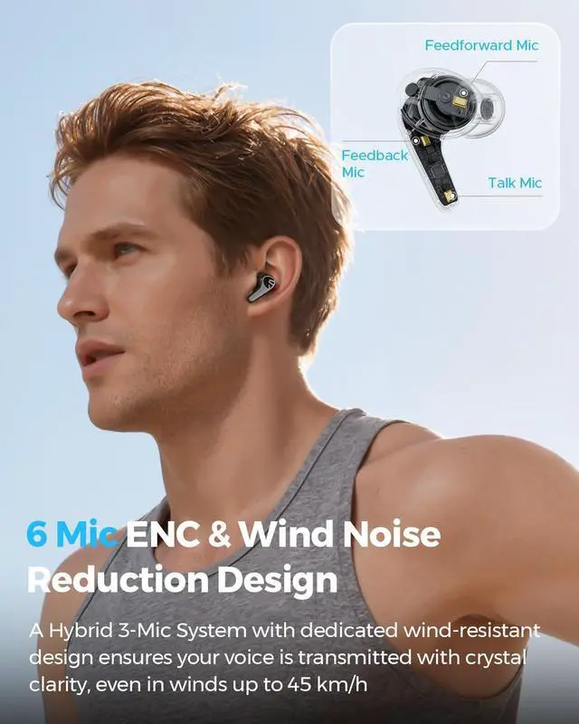 Alt view image 4 of 7 - Deuninker C30 Hybrid ANC Earbuds with LDAC Hi-Res Audio, 52H Playtime -52dB Adaptive Noise Cancelling Wireless Earbuds, 6-Mic Clear Call, 12mm Driver, Bluetooth 6.0, Multi-Point, IP54 for Work/Travel